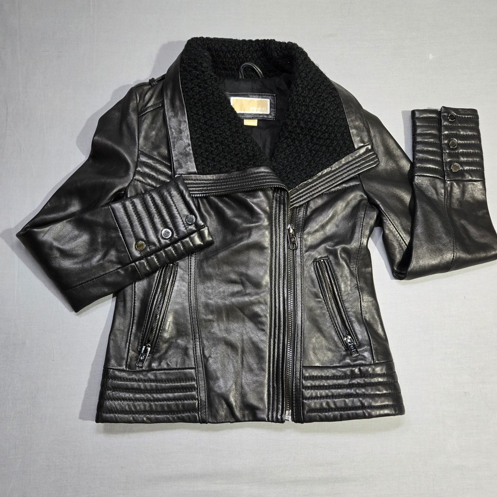 Michael Kors Real Leather Moto Jacket Small Black Asymmetrical‎ Knit Collar Punk - Picture 2 of 11